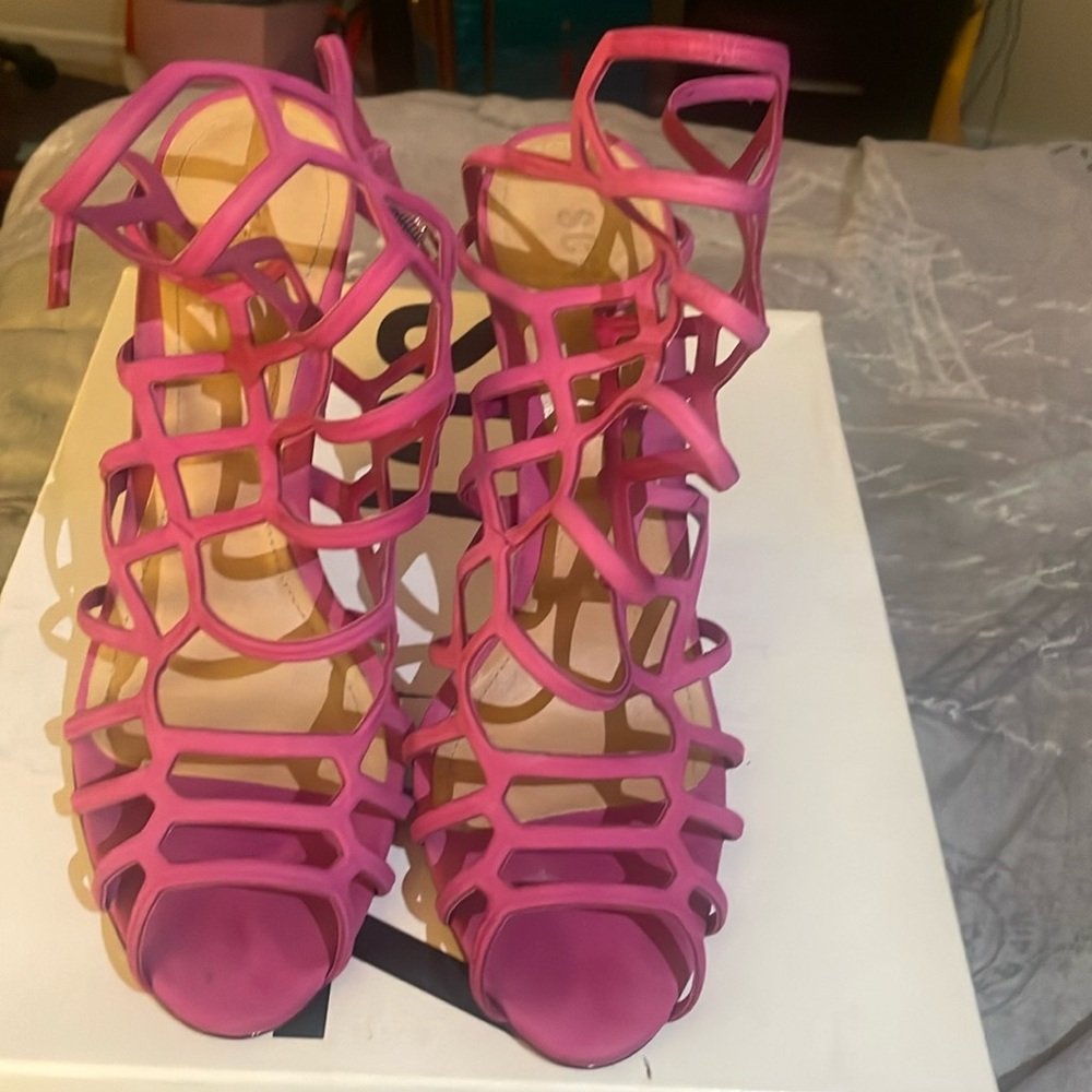 Schutz, Pink Cage Sandals.